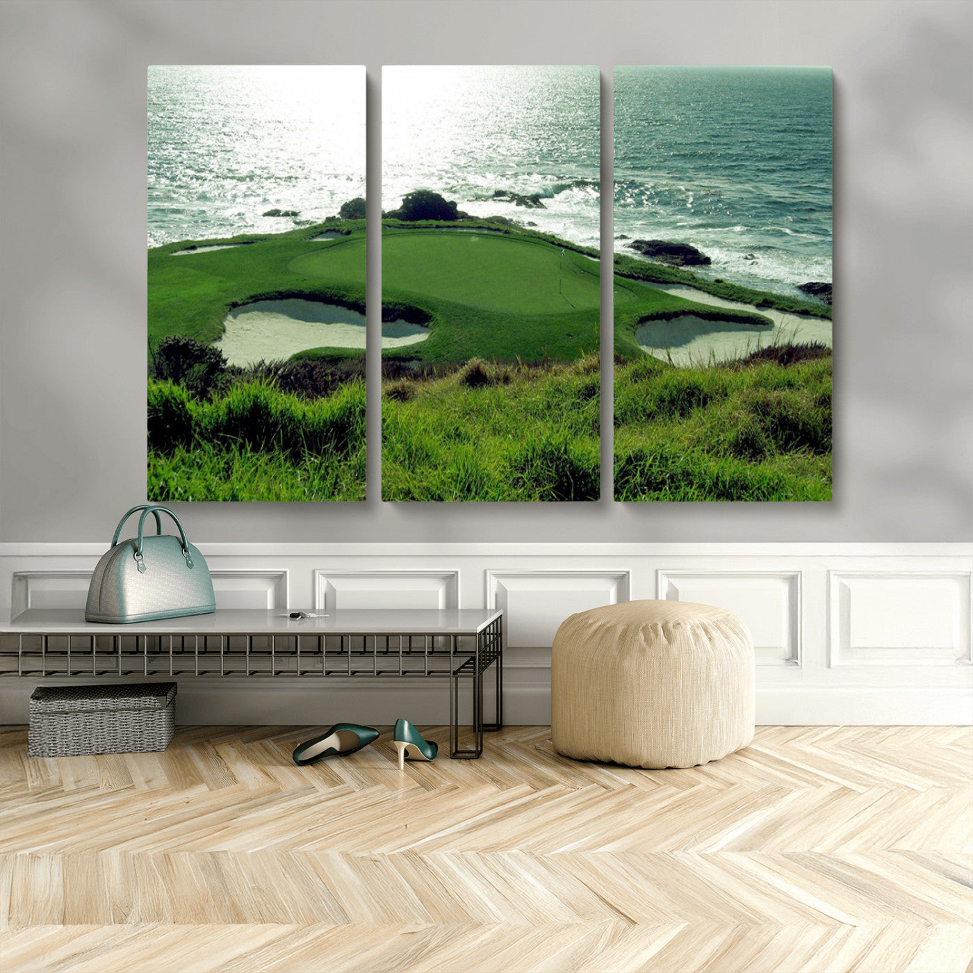 48473947-MGV-CV-36X24-Ocean Golf Course Wall Art – Panoramic Green Fairway Canvas Print, Coastal Golf Landscape Photography Sports Decor for Office, Man