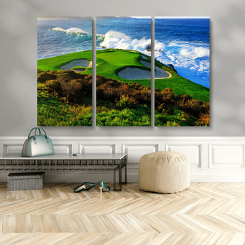 34181847-MGV-CV-48X32-3P-Coastal Golf Course Wall Art – Panoramic Ocean Fairway Canvas Print, Scenic Sports Photography Decor for Office, Man Cave, Living