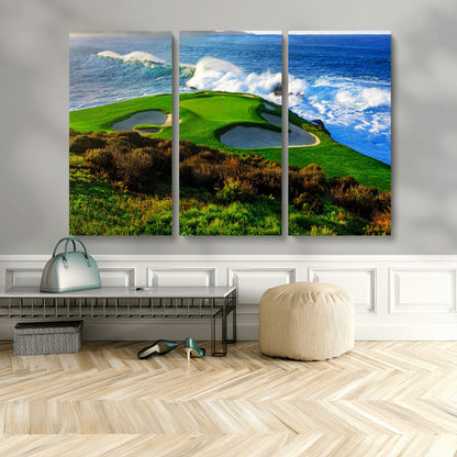 34181847-MGV-CV-48X32-3P-Coastal Golf Course Wall Art – Panoramic Ocean Fairway Canvas Print, Scenic Sports Photography Decor for Office, Man Cave, Living