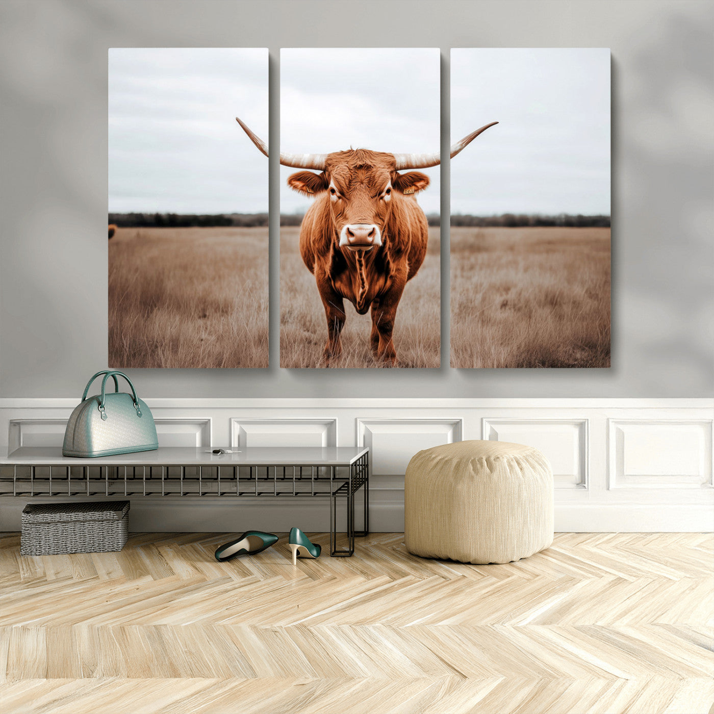 16316734-MGV-CV-48X32-3P-Texas Longhorn Wall Art – Rustic Bull Portrait Canvas Print, Western Farmhouse Animal Photography Decor for Living Room, Office,