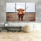 16316734-MGV-CV-48X32-3P-Texas Longhorn Wall Art – Rustic Bull Portrait Canvas Print, Western Farmhouse Animal Photography Decor for Living Room, Office,