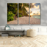 89531159-MGV-CV-48X32-3P-Tropical Beach Sunset Canvas Wall Art – Palm Trees Golden Sand Ocean Waves Coastal Paradise Print for Beach House Bedroom Bathroom