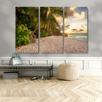 89531159-MGV-CV-48X32-3P-Tropical Beach Sunset Canvas Wall Art – Palm Trees Golden Sand Ocean Waves Coastal Paradise Print for Beach House Bedroom Bathroom