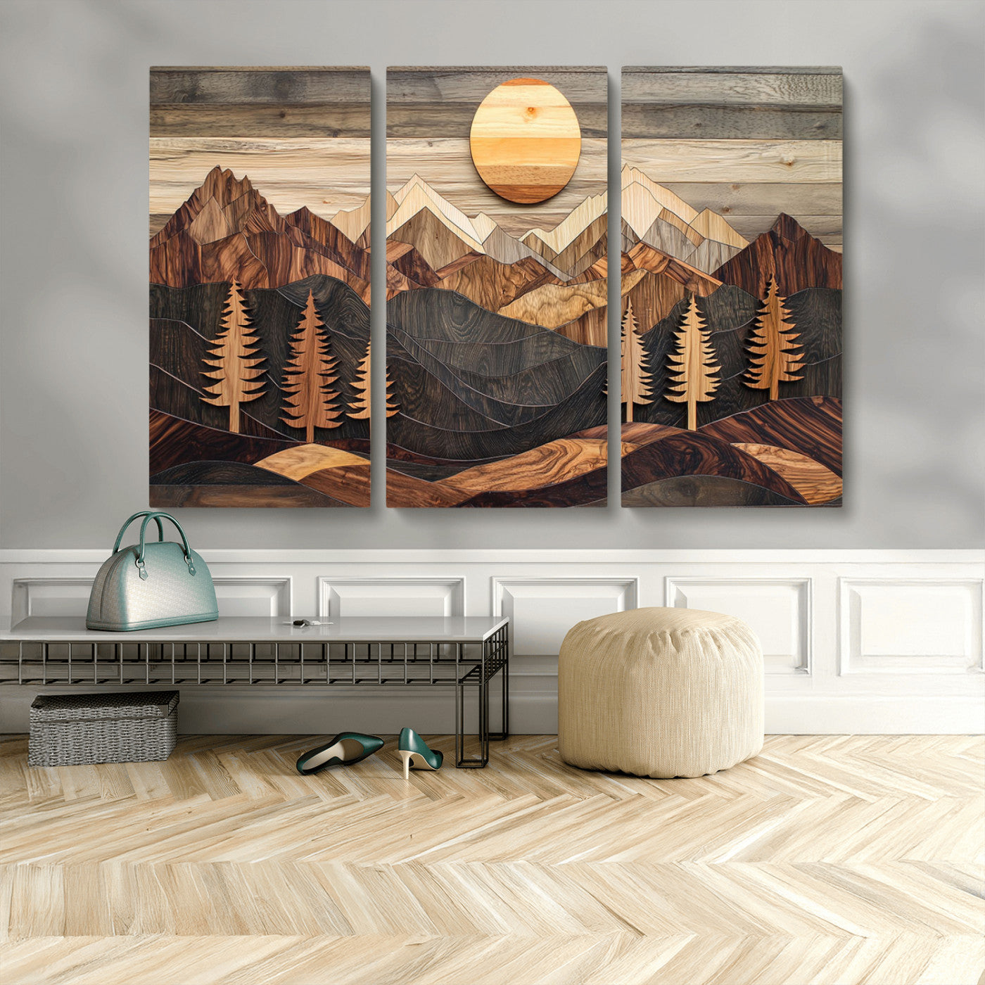 90044381-MGV-CV-36X24-Rustic Wall Art – Wooden Mountain Landscape with Sun and Pine Trees, Handcrafted Nature Canvas Style Decor for Bedroom, Living