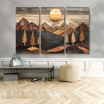90044381-MGV-CV-36X24-Rustic Wall Art – Wooden Mountain Landscape with Sun and Pine Trees, Handcrafted Nature Canvas Style Decor for Bedroom, Living