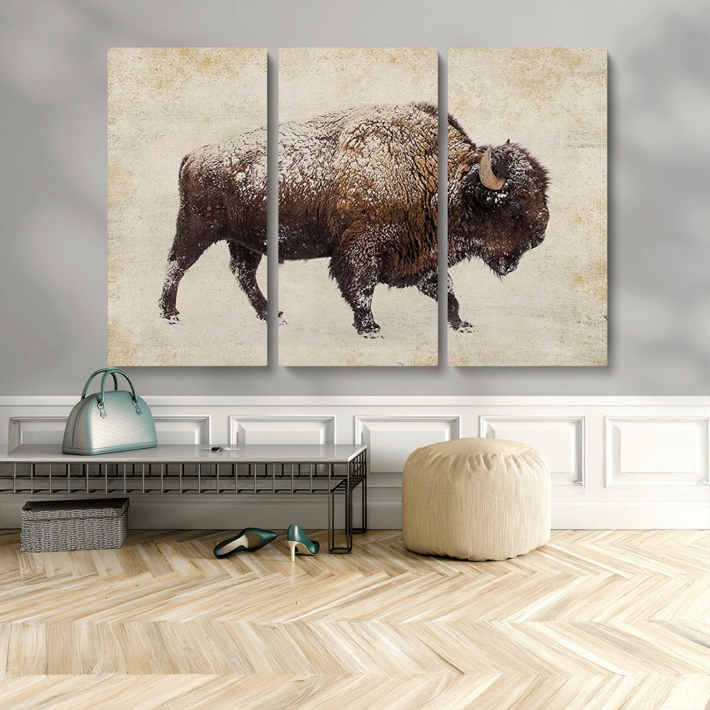 54810031-MGV-CV-48X32-3P-Western Wall Art – Snow Covered Bison Canvas Print, Rustic Wildlife Photography Decor for Bedroom, Living Room, Office, Lodge,