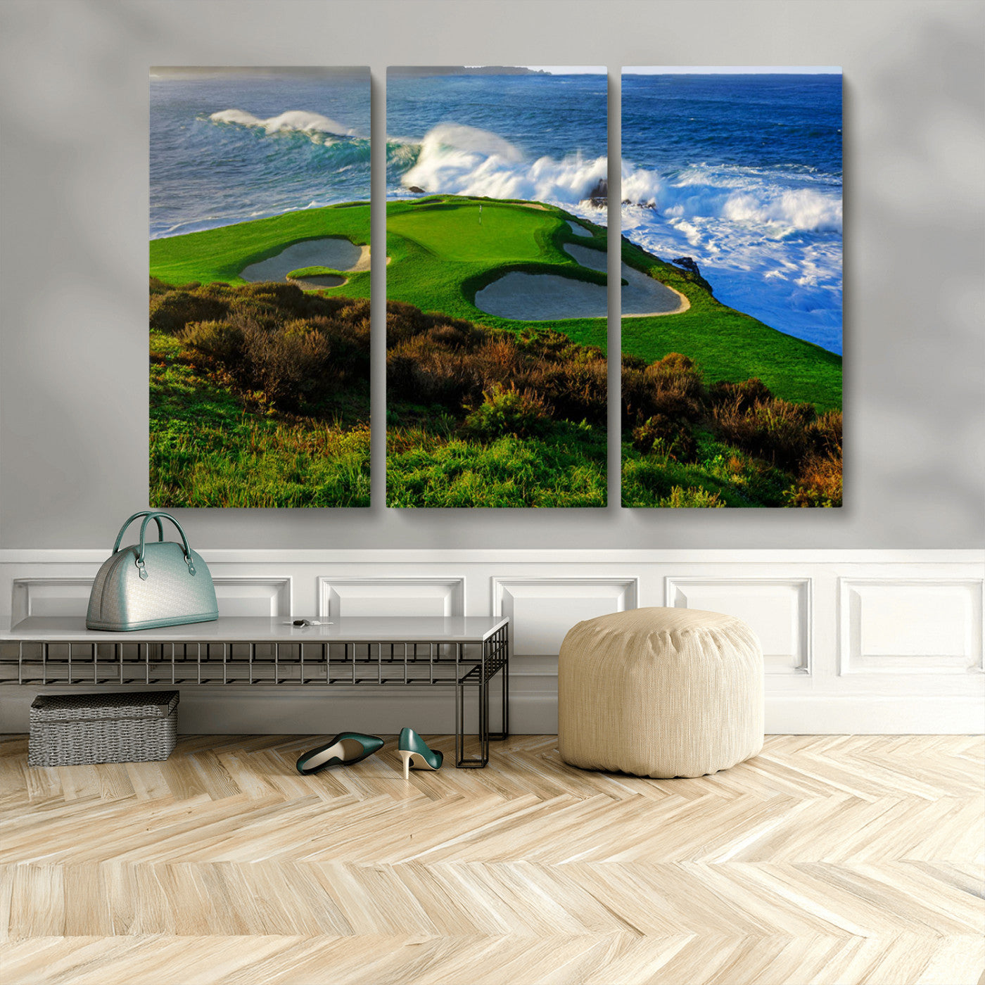 13644055-MGV-CV-48X32-3P-Golf Wall Art – Oceanfront Green Canvas Print, Scenic Coastal Course Photography Decor for Bedroom, Living Room, Office, Sports