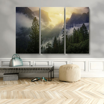 38316884-MGV-CV-48X32-3P-Landscape Wall Art – Misty Mountain Valley Canvas Print, Scenic Pine Forest and Sunrise Photography Decor for Bedroom, Living