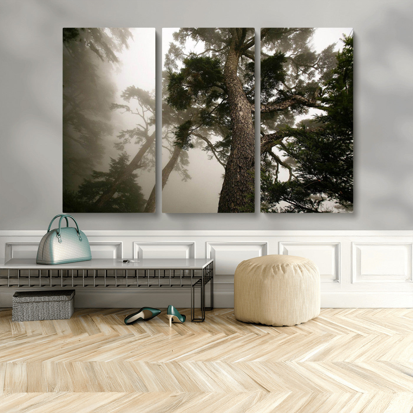 87969493-MGV-CV-48X32-3P-Forest Wall Art – Misty Tall Trees Canvas Print, Dramatic Woodland Photography Decor for Bedroom, Living Room, Office, Cabin,