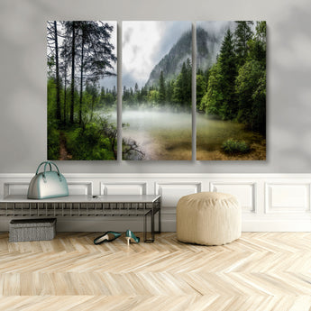 93123937-MGV-CV-48X32-3P-Landscape Wall Art – Misty Mountain Lake Canvas Print, Tranquil Forest and Waterfall Photography Decor for Bedroom, Living Room,