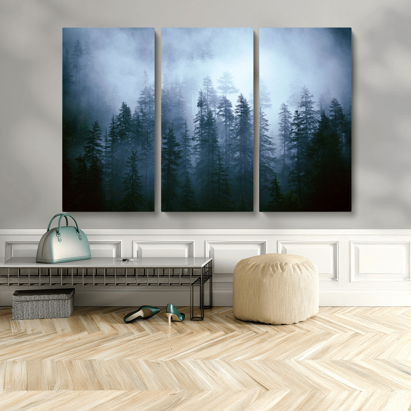 93439624-MGV-CV-48X32-3P-Forest Wall Art – Misty Pine Trees Canvas Print, Moody Nature Photography Decor for Bedroom, Living Room, Office, Cabin, Lodge or