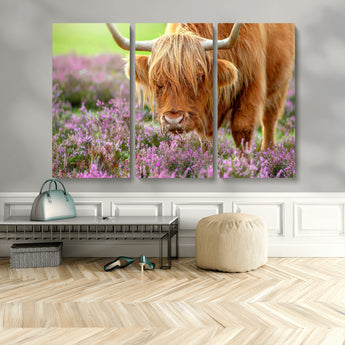 64069351-MGV-CV-48X32-3P-Farmhouse Wall Art – Highland Cow in Wildflowers Canvas Print, Rustic Country Cattle Photography Decor for Bedroom, Living Room,