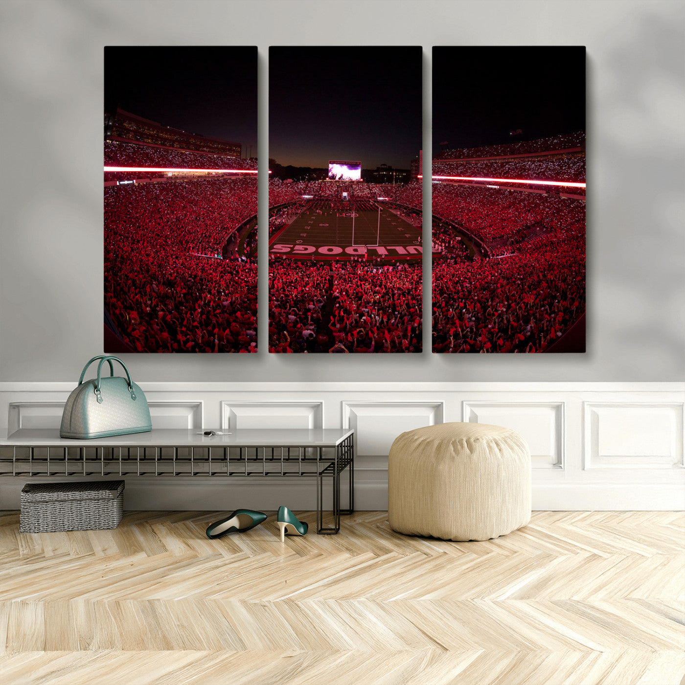 38331045-MGV-CV-48X32-3P-Sanford Stadium Wall Art – Georgia Bulldogs Football Red Night Game Canvas Print, Electric College Sports Decor for Man Cave or