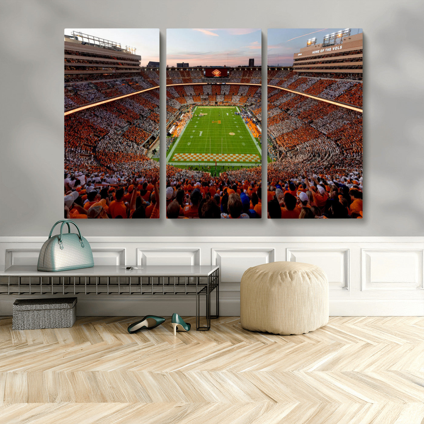 37160229-MGV-CV-48X32-3P-Tennessee Volunteers Wall Art – Neyland Stadium Sunset Checkerboard Game Canvas Print, Vols Football Panorama Sports Decor