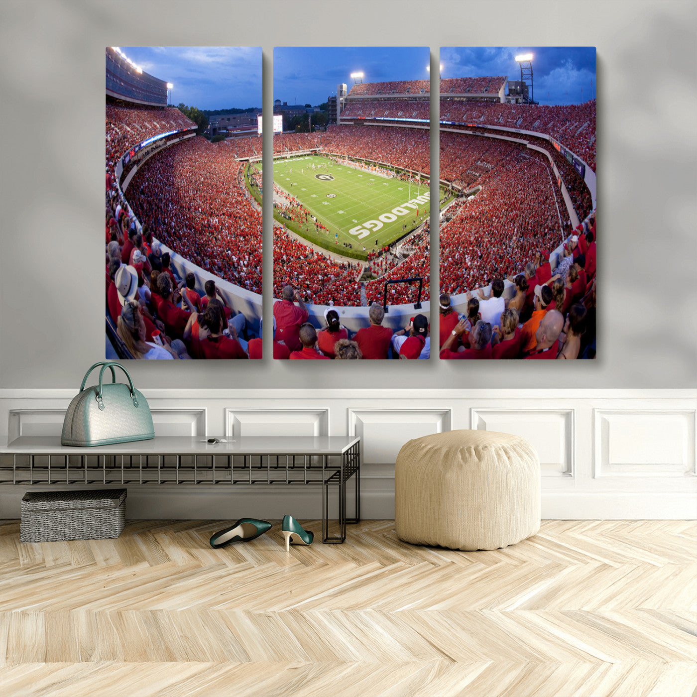 10244378-MGV-CV-48X32-3P-Sanford Stadium Wall Art – Panoramic Georgia Bulldogs Day Game Football Canvas Print, Game Day Crowd Sports Decor for Office, Man