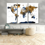 MGV-CV-48X32-3P - World Map Wall Art Canvas Print, Framed Blue Gold Map Art Picture Print, Rustic Atlas Perfect Rustic Modern Decor Artwork