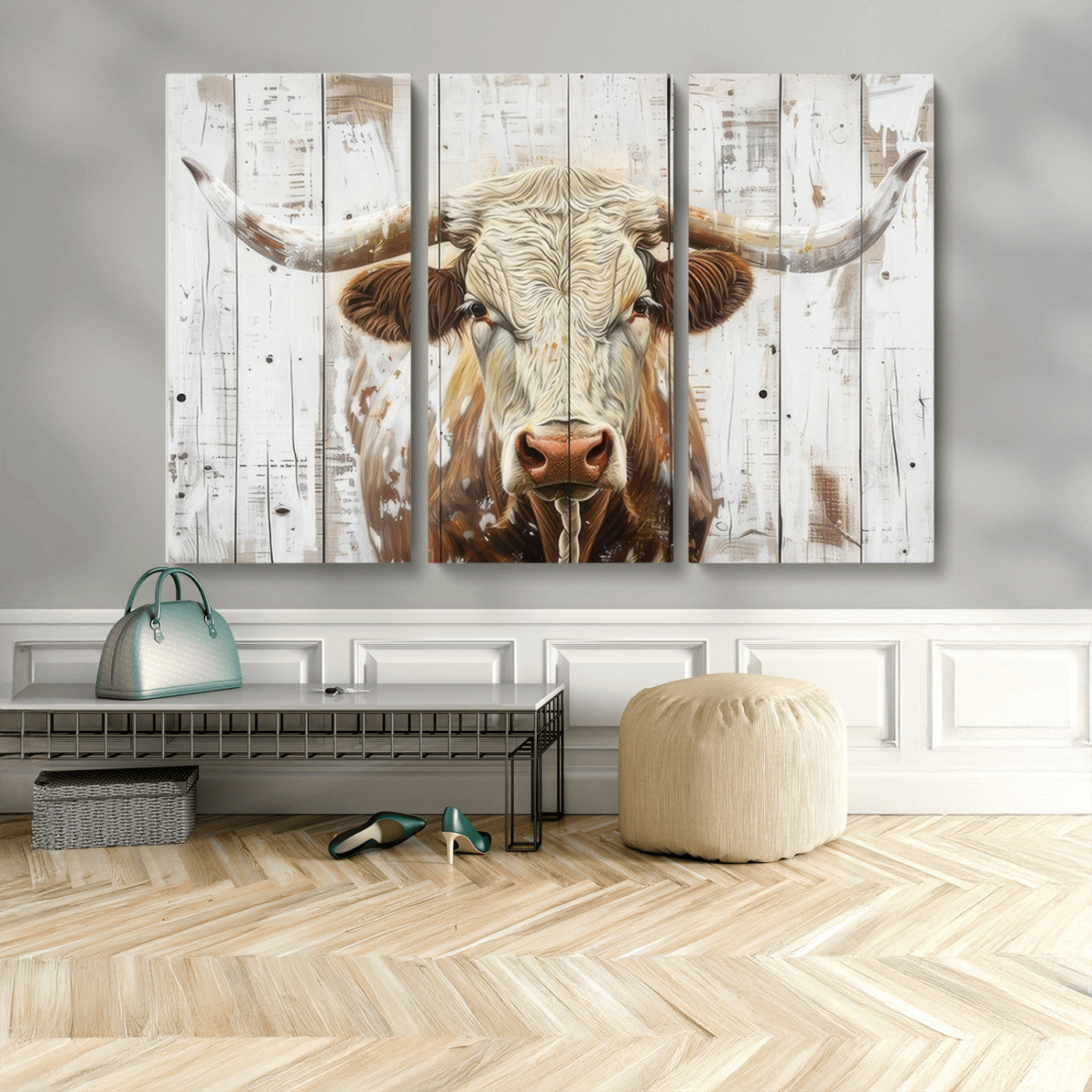 10840-MGV-CV-48X32-3P-Texas Longhorn Wall Art Canvas Print, Framed Rustic Bull Art Picture Print, Western Cattle Perfect Rustic Western Decor Artwork