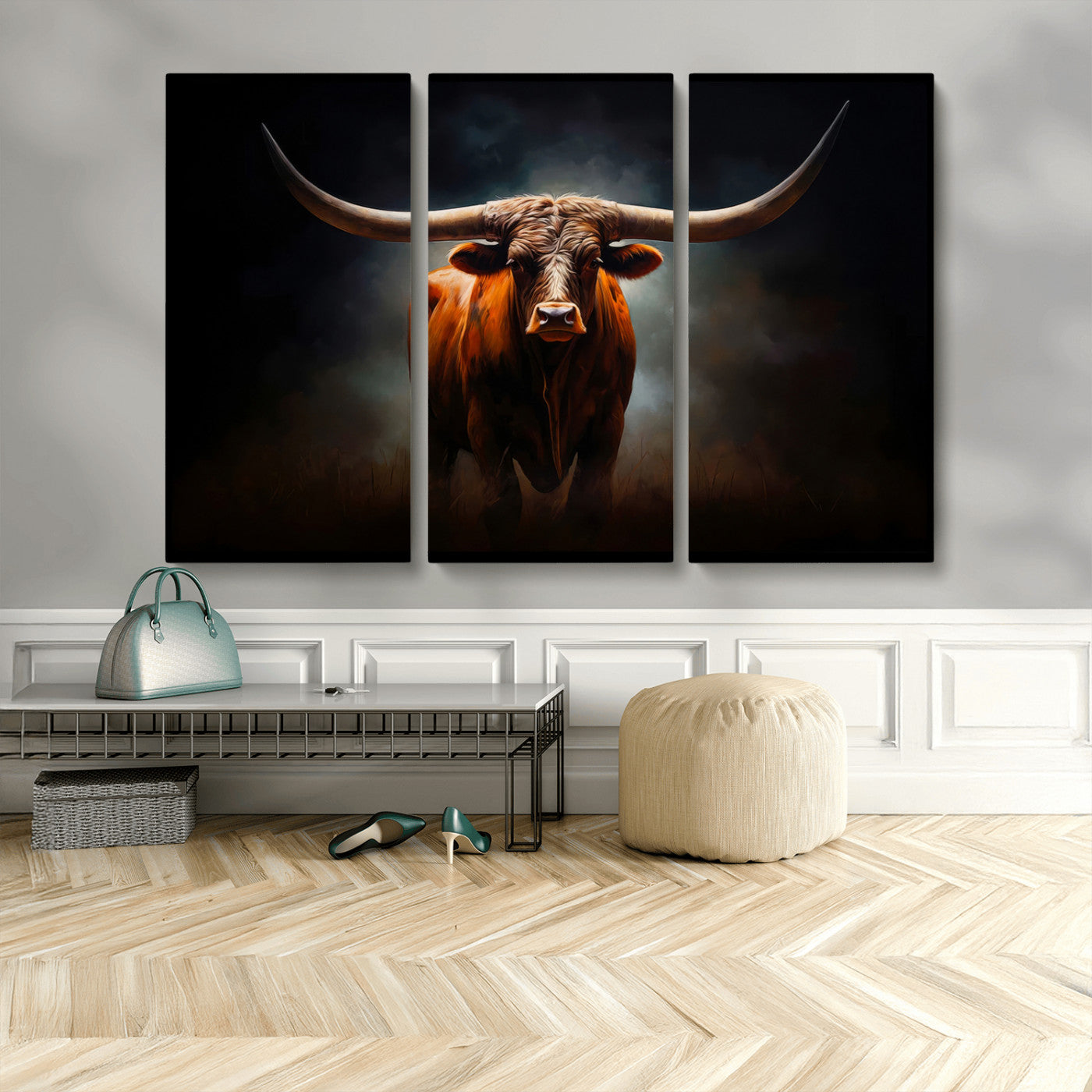 12484-MGV-CV-48X32-3P-Texas Longhorn Wall Art Canvas Print, Framed Western Bull Art Picture Print, Moody Cattle Perfect Moody Western Decor Artwork