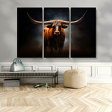 12484-MGV-CV-48X32-3P-Texas Longhorn Wall Art Canvas Print, Framed Western Bull Art Picture Print, Moody Cattle Perfect Moody Western Decor Artwork