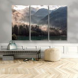 64758-MGV-CV-48X32-3P-Misty Mountains Wall Art Canvas Print, Framed Moody Pines Art Picture Print, Forest Lake Perfect Moody Alpine Decor Artwork