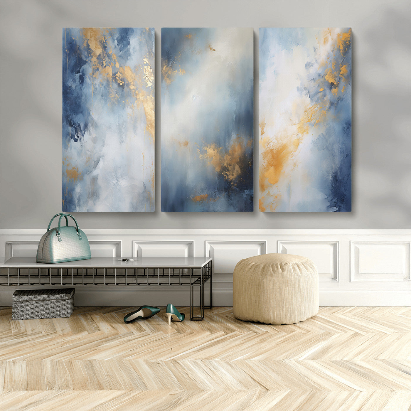 41836-MGV-CV-48X32-3P-Abstract Gold Wall Art Canvas Print, Framed Blue Layers Art Picture Print, Elegant Cloud Perfect Elegant Minimalist Decor Artwork