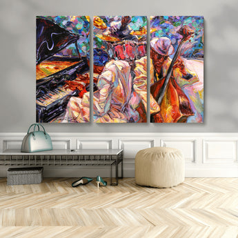 13675-MGV-CV-36X24-Jazz Band Wall Art Canvas Print, Framed Jazz Oil Painting Art Picture Print, Vibrant Music Perfect Abstract Musical Decor Artwork