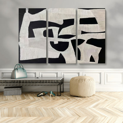 33714-MGV-CV-48X32-3P-Monochrome Design Wall Art Canvas Print, Framed Modern Linework Art Picture Print, Textured Shapes Perfect Monochrome Modern Decor