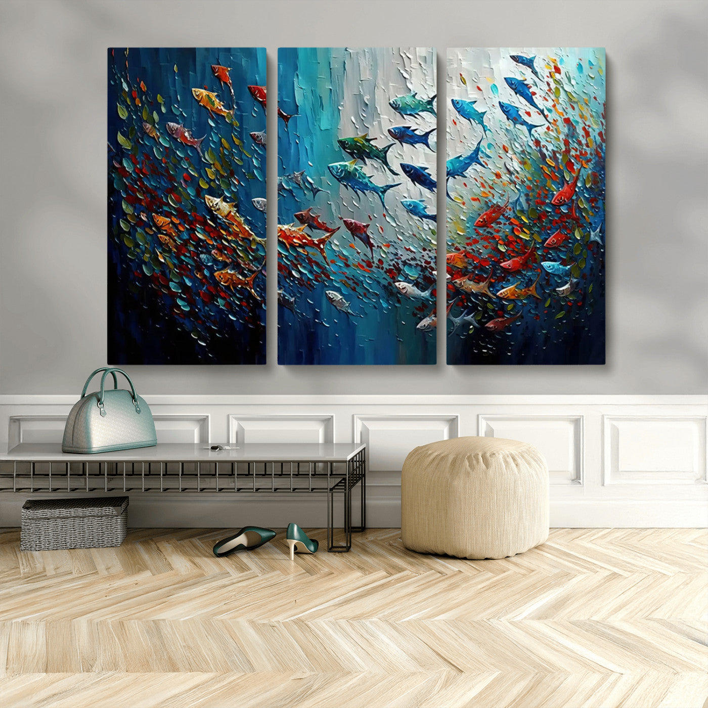 89626-MGV-CV-48X32-3P-Fish Swarm Wall Art Canvas Print, Framed Abstract Ocean Art Picture Print, Underwater Life Perfect Vibrant Coastal Decor Artwork