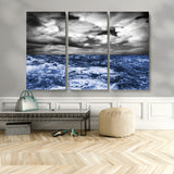 91043-MGV-CV-48X32-3P-Stormy Ocean Wall Art Canvas Print, Framed Moody Seascape Art Picture Print, Monochrome Sea Perfect Coastal Drama Decor Artwork