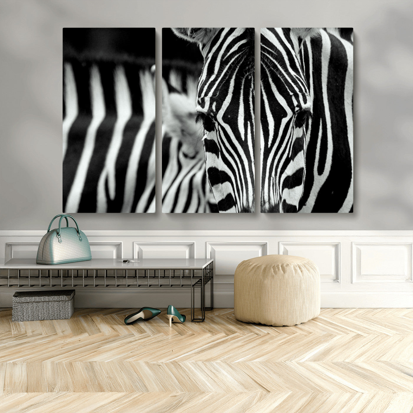 43631-MGV-CV-48X32-3P-Zebra Wall Art – Black & White Safari Wildlife Canvas Print, Modern Animal Photography Decor for Living Room, Office, or Bedroom
