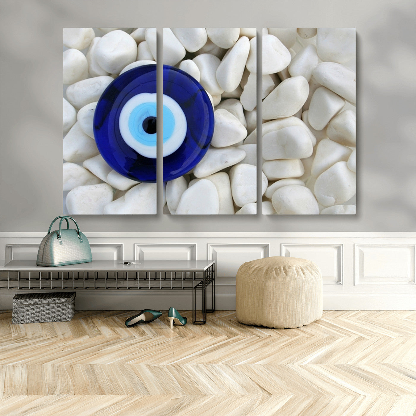48883-MGV-CV-48X32-3P-Evil Eye Wall Art – Deep Blue Symbol of Presence and Calm on White Stones, Subtle Spiritual Decor for Entryway, Studio, Office or