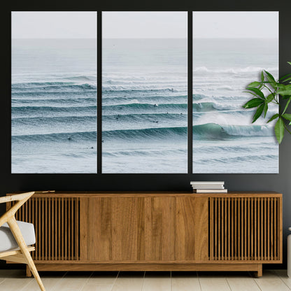 73969318-MGV-CV-36X24-Ocean Waves Wall Art Canvas Print, Framed Surfer Lineup Art Picture Print, Crowded Ocean Perfect Minimal Coastal Decor Artwork