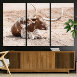 25407592-MGV-CV-36X24-Texas Longhorn Wall Art Canvas Print, Framed Resting Bull Art Picture Print, Spotted Cattle Perfect Rustic Western Decor Artwork
