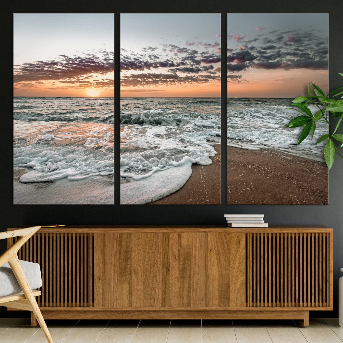 40632752-MGV-CV-36X24-Ocean Sunset Wall Art Canvas Print, Framed Beach Waves Art Picture Print, Coastal Scene Perfect Coastal Decor Artwork