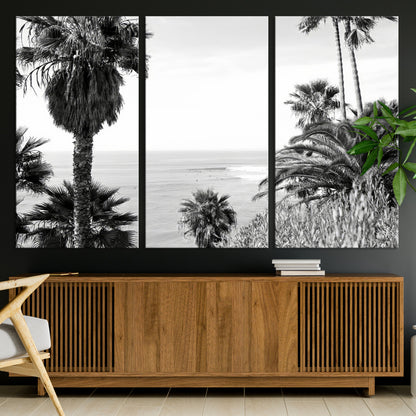 89458520-MGV-CV-36X24-Palm Trees Wall Art Canvas Print, Framed Coastal View Art Picture Print, Ocean Horizon Perfect Monochrome Coast Decor Artwork