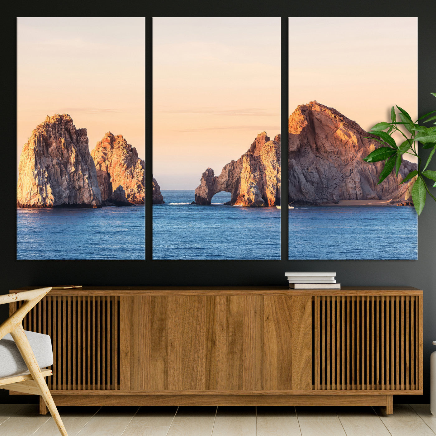 72996116-MGV-CV-36X24-El Arco Wall Art Canvas Print, Framed Cabo Rocks Art Picture Print, Ocean Arch Perfect Golden Coastal Landmark Decor Artwork