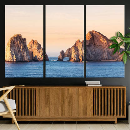 72996116-MGV-CV-36X24-El Arco Wall Art Canvas Print, Framed Cabo Rocks Art Picture Print, Ocean Arch Perfect Golden Coastal Landmark Decor Artwork