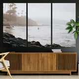 62501405-MGV-CV-36X24-Misty Beach Wall Art Canvas Print, Framed California Surfer Art Picture Print, Coastal Cliff Perfect Coastal Beach Decor Artwork