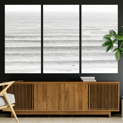 66534476-MGV-CV-36X24-Lone Surfer Wall Art Canvas Print, Framed Ocean Waves Art Picture Print, Minimal Sea Perfect Minimal Coastal Decor Artwork