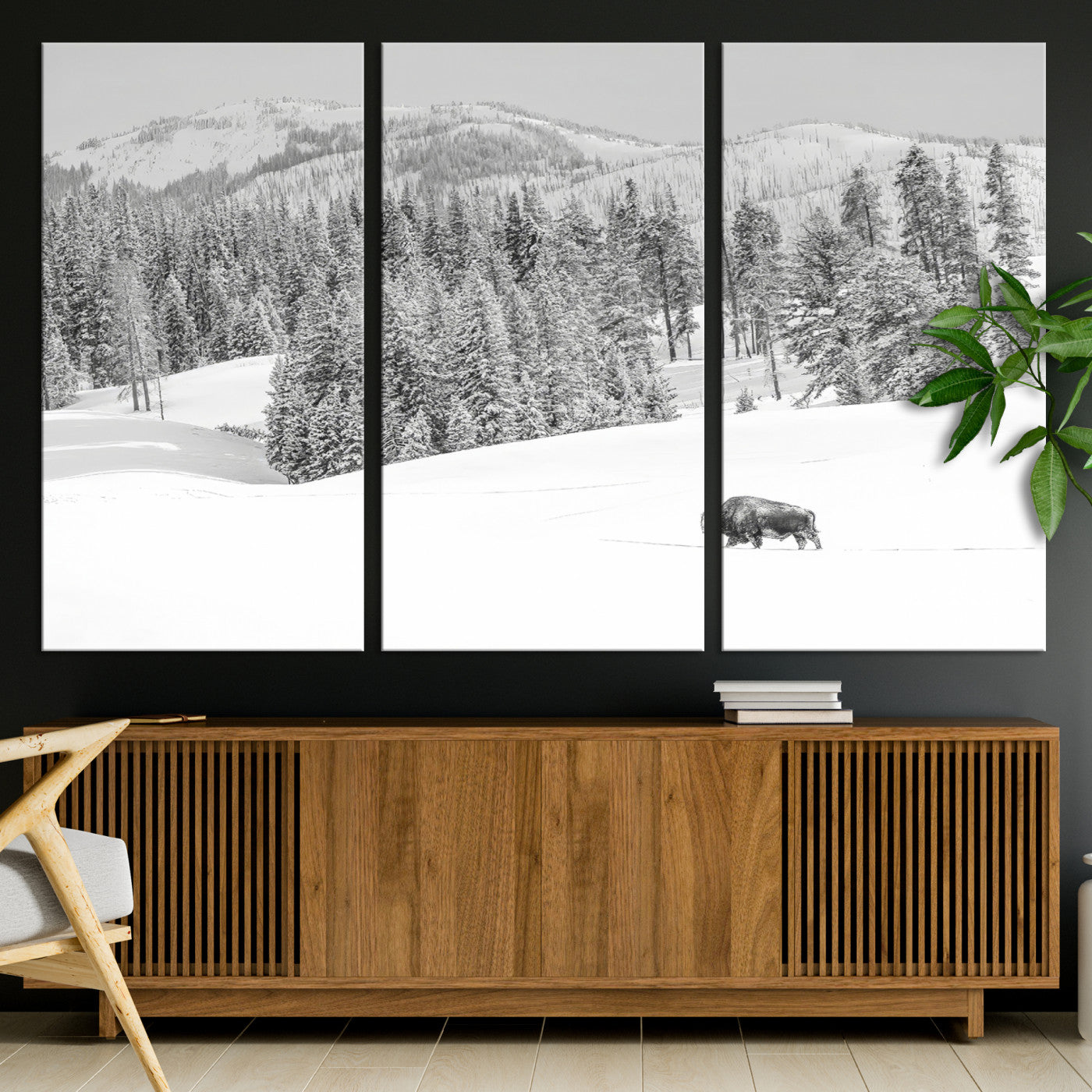 68081143-MGV-CV-36X24-Snowy Bison Wall Art Canvas Print, Framed Winter Forest Art Picture Print, Lone Bison Perfect Monochrome Winter Wild Decor Artwork