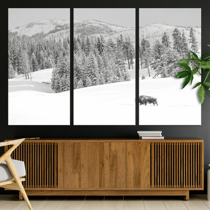 68081143-MGV-CV-36X24-Snowy Bison Wall Art Canvas Print, Framed Winter Forest Art Picture Print, Lone Bison Perfect Monochrome Winter Wild Decor Artwork