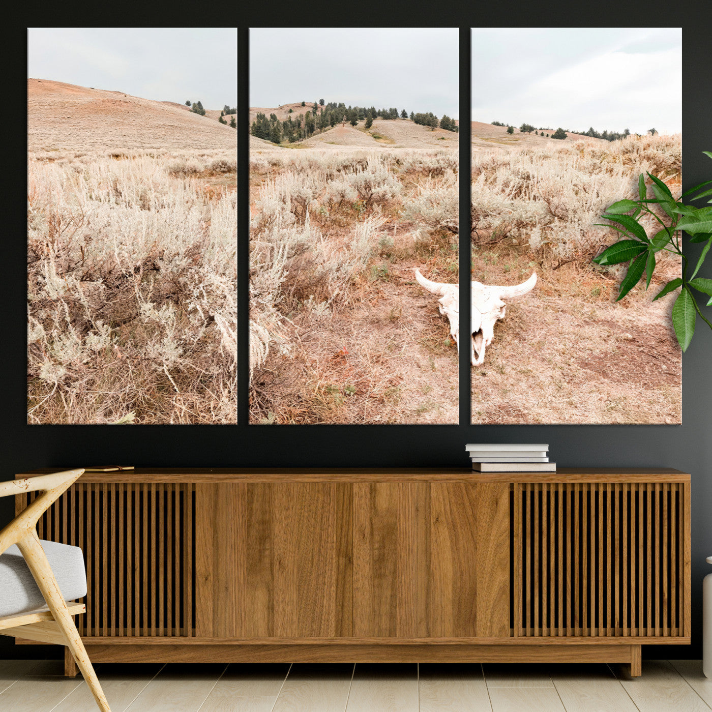 97234735-MGV-CV-36X24-Rustic Bones Wall Art Canvas Print, Framed Desert Sage Art Picture Print, Prairie Skull Perfect Minimal Rustic Decor Artwork