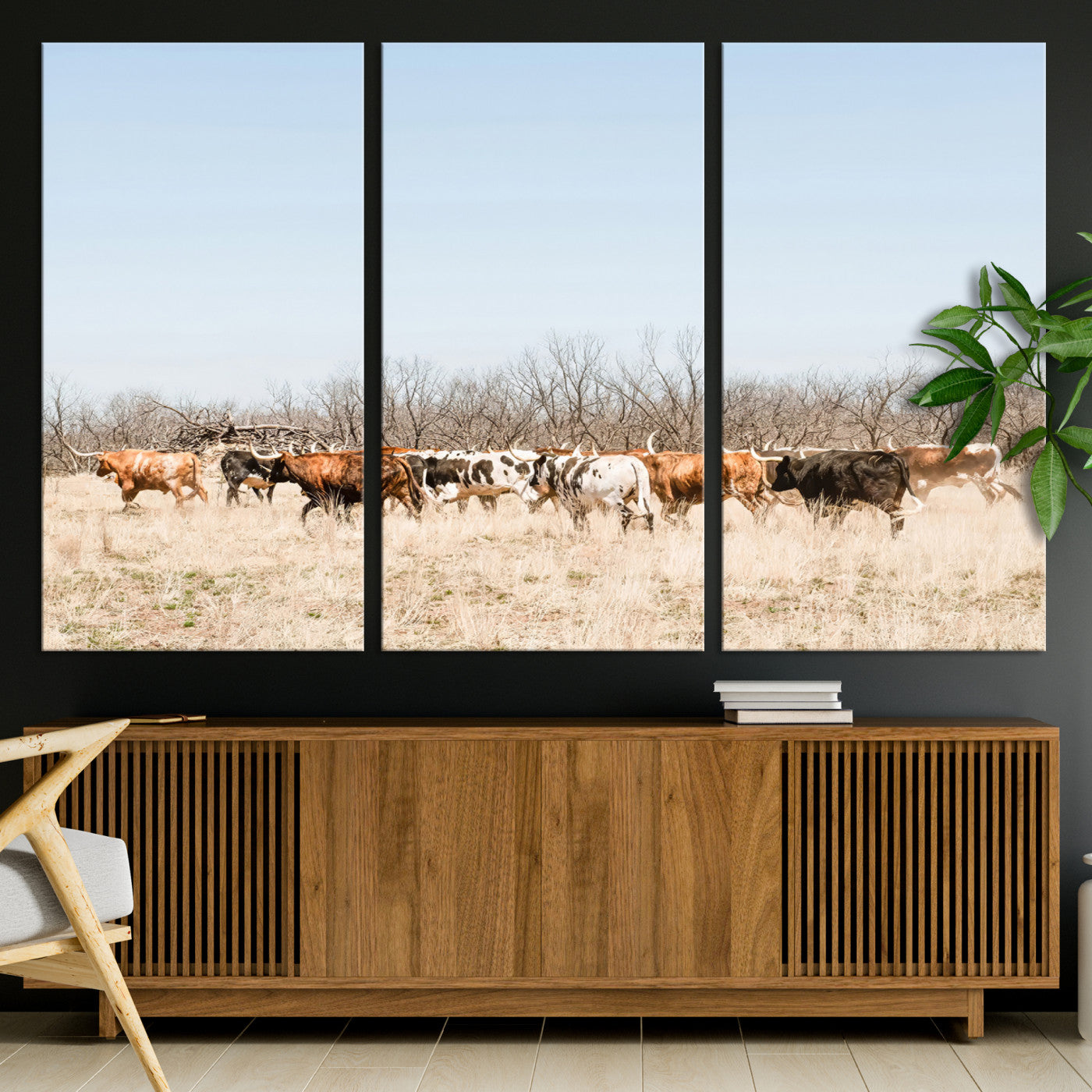 16563092-MGV-CV-36X24-Texas Longhorns Wall Art Canvas Print, Framed Western Cattles Art Picture Print, Rustic Herd Perfect Rustic Farmhouse Decor