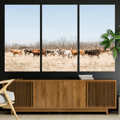 16563092-MGV-CV-36X24-Texas Longhorns Wall Art Canvas Print, Framed Western Cattles Art Picture Print, Rustic Herd Perfect Rustic Farmhouse Decor