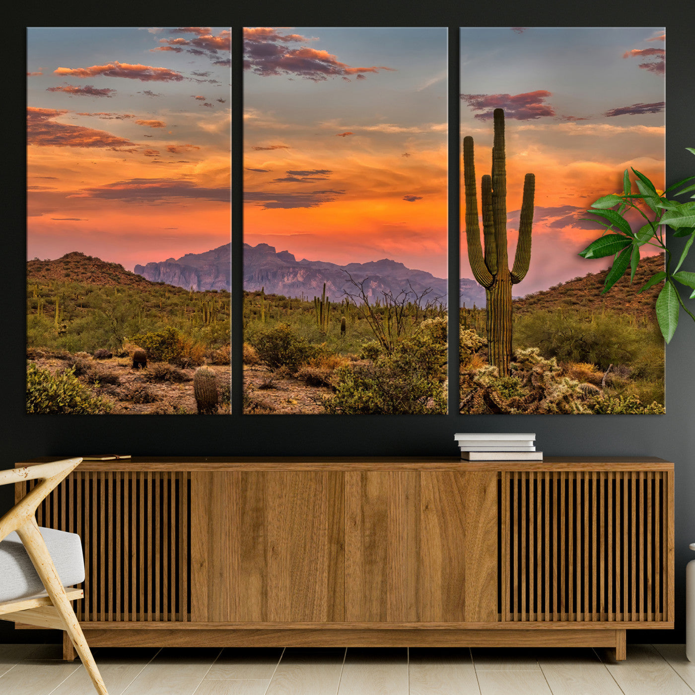 25332783-MGV-CV-36X24-Saguaro Cactus Wall Art Canvas Print, Framed Arizona Sunset Art Picture Print, Sonoran Desert Perfect Southwestern Boho Decor