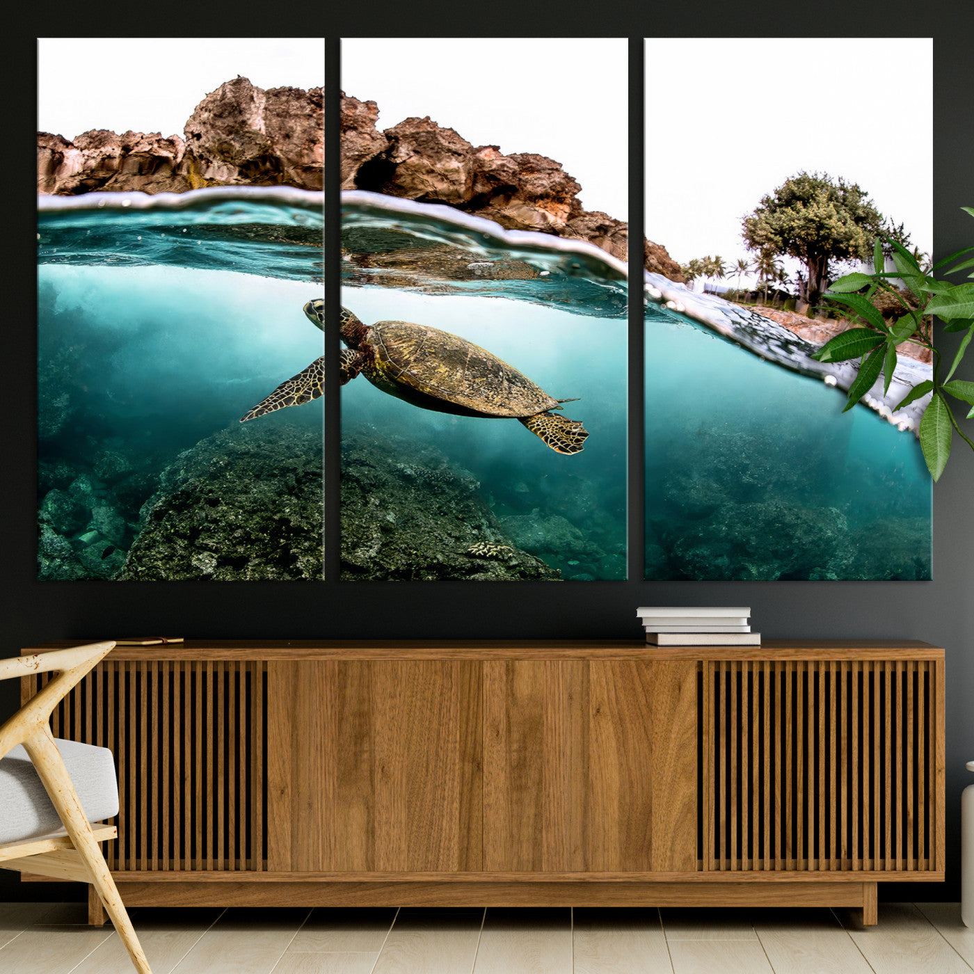 44200301-MGV-CV-36X24-Sea Turtle Swim Wall Art Canvas Print, Framed Ocean Life Art Picture Print, Tropical Shoreline Perfect Tropical Coastal Decor