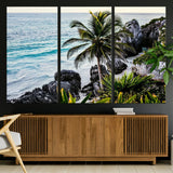 94669907-MGV-CV-36X24-Tropical Coastline Wall Art Canvas Print, Framed Palm Tree Art Picture Print, Rocky Beach Perfect Tropical Coastal Decor Artwork