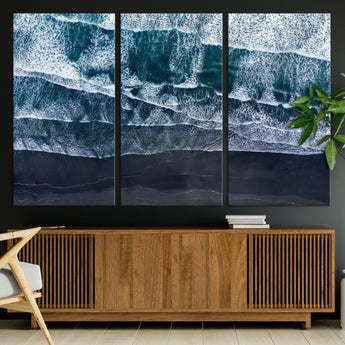 87941475-MGV-CV-36X24-Black Beach Wall Art Canvas Print, Framed Aerial Ocean Art Picture Print, Moody Coastal Perfect Modern Coastal Decor Artwork