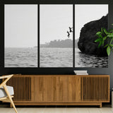 52284302-MGV-CV-36X24-Cliff Jumping Wall Art Canvas Print, Framed Ocean Adventure Art Picture Print, Black White Coast Perfect Modern Coastal Decor