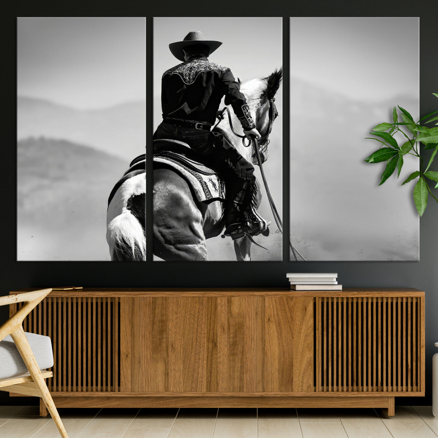83102464-MGV-CV-36X24-Western Cowboy Wall Art Canvas Print, Framed Monochrome Horse Art Picture Print, Western Equestrian Perfect Rustic Western Decor